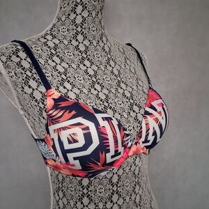 PINK Victoria's Secret Wear Everywhere Push Up Bra 34C Black Tropical Spell Out